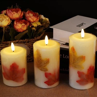Flamlösa Marple Leaf-ljus Batteridrivna ljus Led-ljus Pillar Candle Flame 3-pack med flimrande LED-ljus Flames & 10-Key Remote